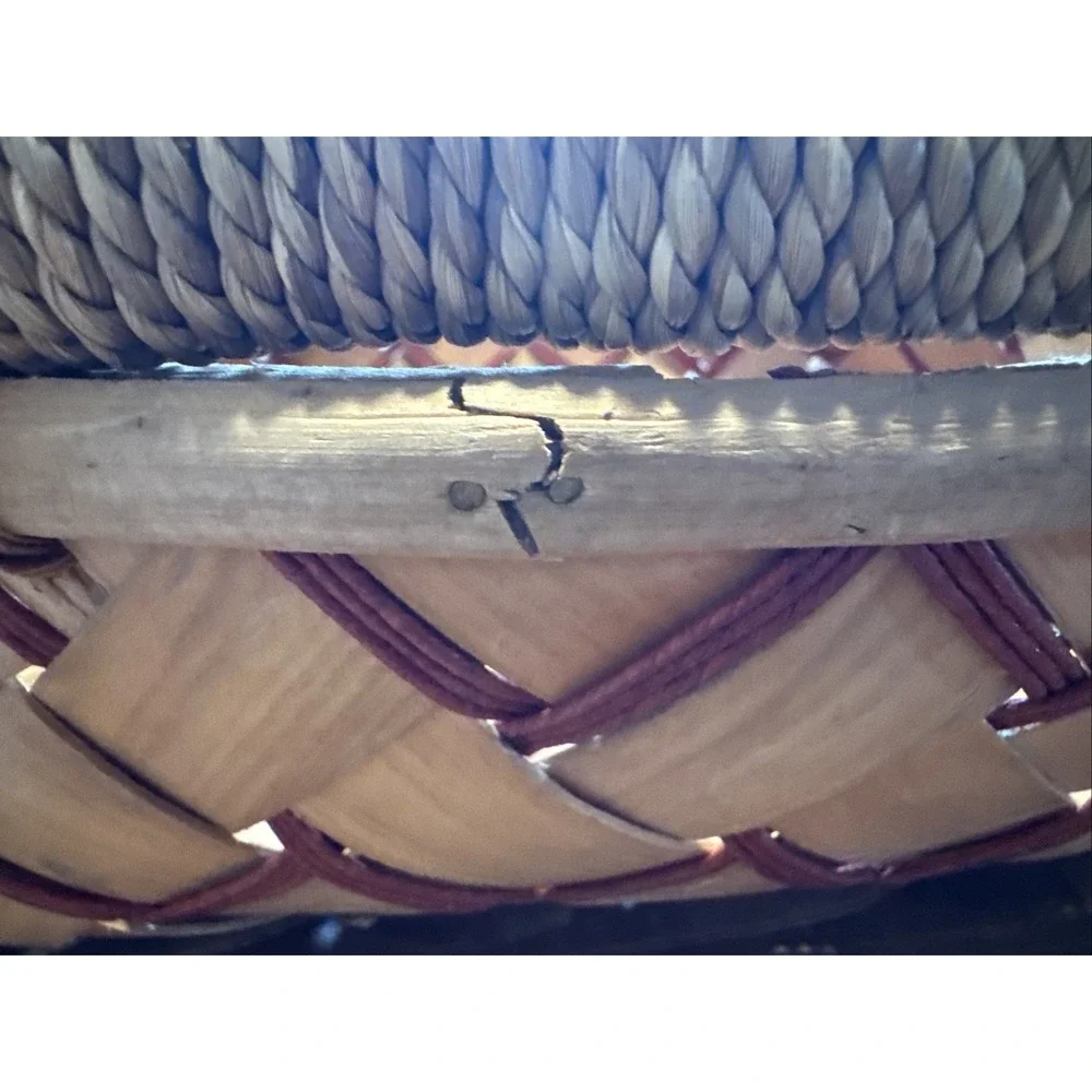 Vintage Warm Two Tone Wooden Woven Basket Handle Farmhouse Boho 15 X 12